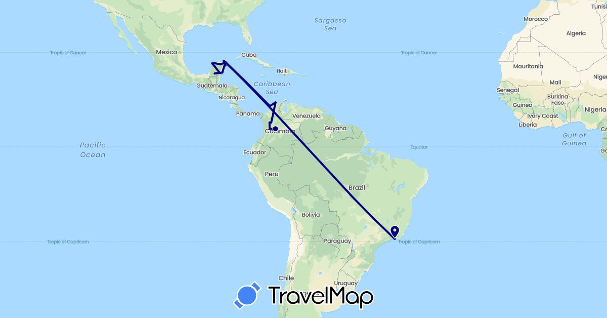 TravelMap itinerary: driving in Brazil, Colombia, Mexico (North America, South America)